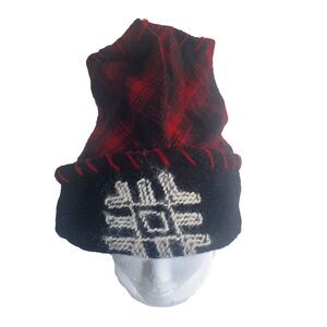 dZi Tibetan Hat Red Plaid Embroidered Tribal Wool Beanie Handmade Artisan India